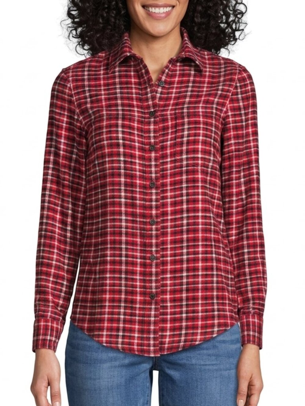 LANDS' END Plus Size Flannel Boyfriend Long Sleeve Shirt Red White Black Plaid
